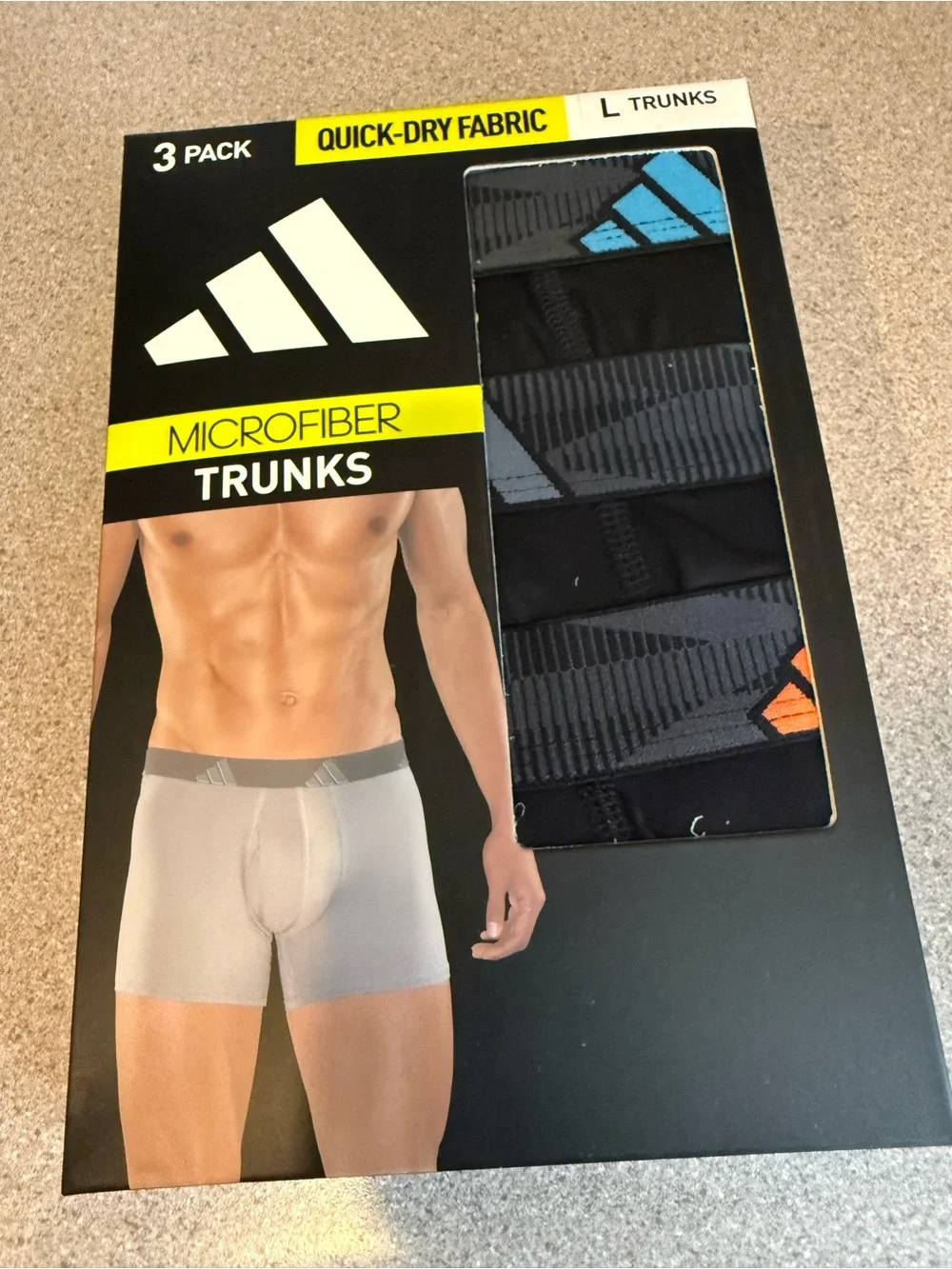 adidas Black Microfiber Trunks 3-Pack with Blue & Orange Accents. 6 total pairs!